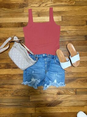 Old Navy Red Sleeveless Bodysuit Size Large Square Neck Tank Top